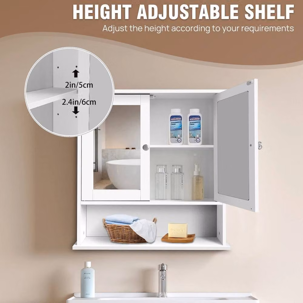 FORGEVIO Modern White MDF Wall Mounted Bathroom Cabinet with Double Mirror Doors – 3
