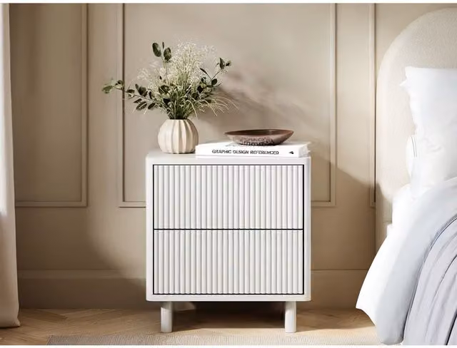 Solace+Co Velmor 2 Drawer Ribbed Bedside Table in White, W/D/H: 39.5 x 39.5 x 54.5 cm