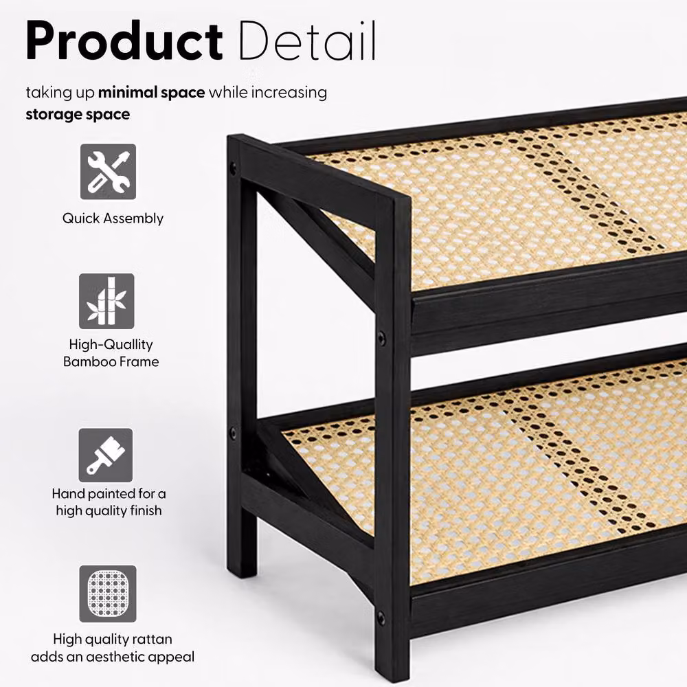 Keplin 4 Tier Bamboo and Rattan Shoe Organiser Rack in Black and Natural – 7