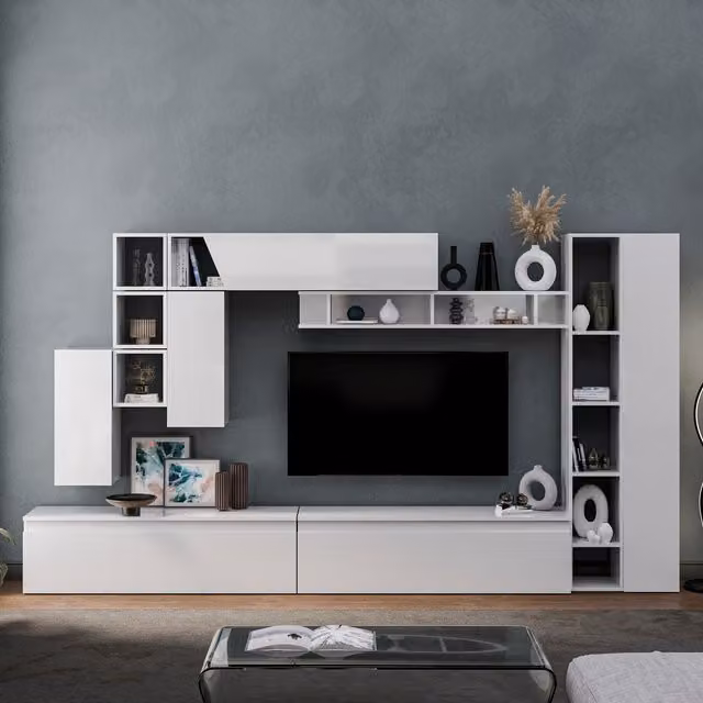 Decorotika Tokyo Modern Wall Mounted Entertainment Center in High Gloss White