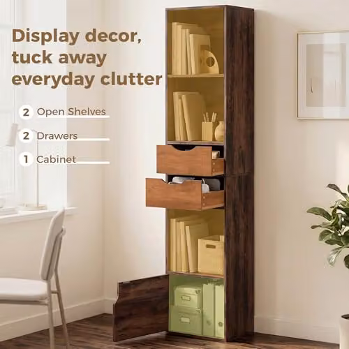 HOMCOM 3-Tier Modern Bookcase with Drawers and Adjustable Shelves, Brown – 4
