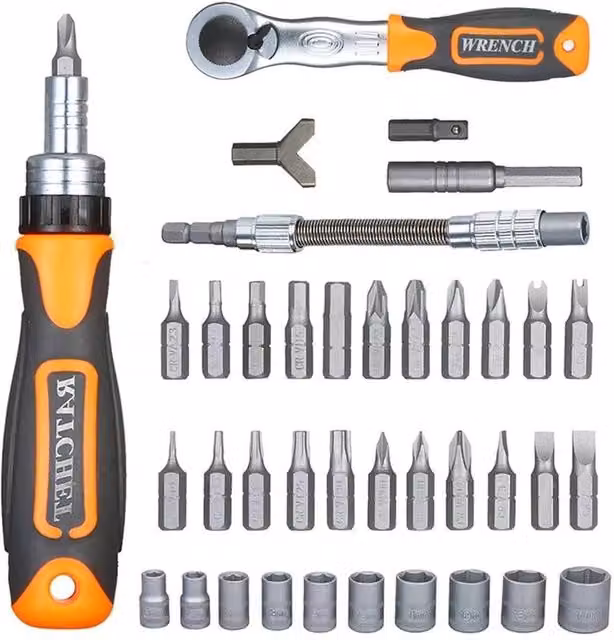 VOGREX 38-in-1 Magnetic Ratchet Handle Screwdriver Bit and Socket Set in Multicolour Chrome Vanadium Steel