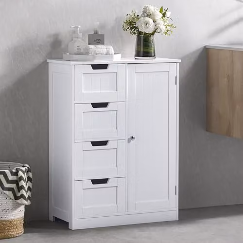 Bath Vida Modern 4 Drawer 1 Door Bathroom Floor Cabinet in White, H 81 x W 60 x D 30 cm – 4
