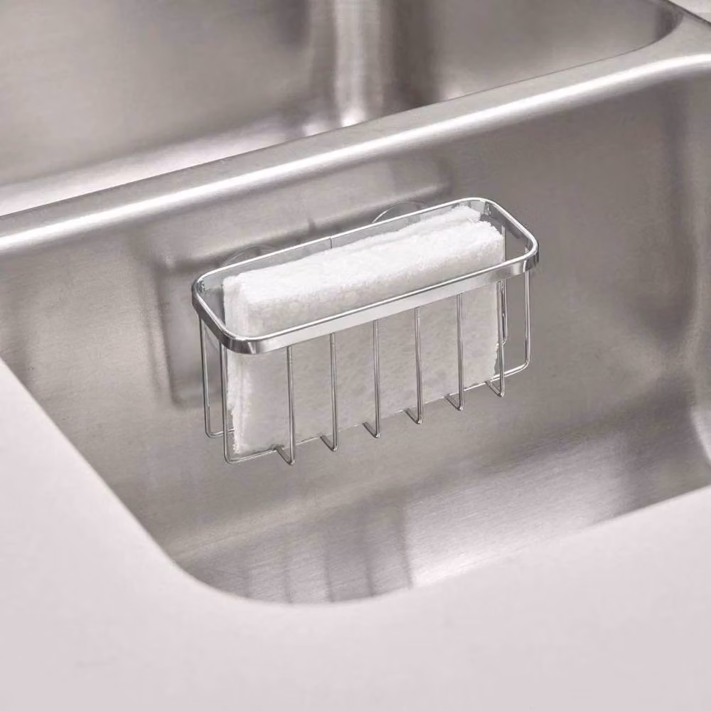 KORVIXA Silver Stainless Steel Sponge Holder and Soap Brush Sink Caddy with Drainage and Suction Compartment – 3