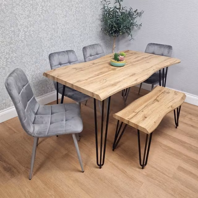 KOSY KOALA Modern Dining Set with Rectangular Wood Table, Bench and 4 Grey Velvet Chairs in Brown