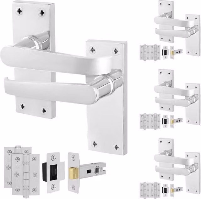 AFIT Polished Chrome Door Handle Latch Set, 4 Pairs in Silver, W/D/H: 15 x 15 x 1.5 cm – 1