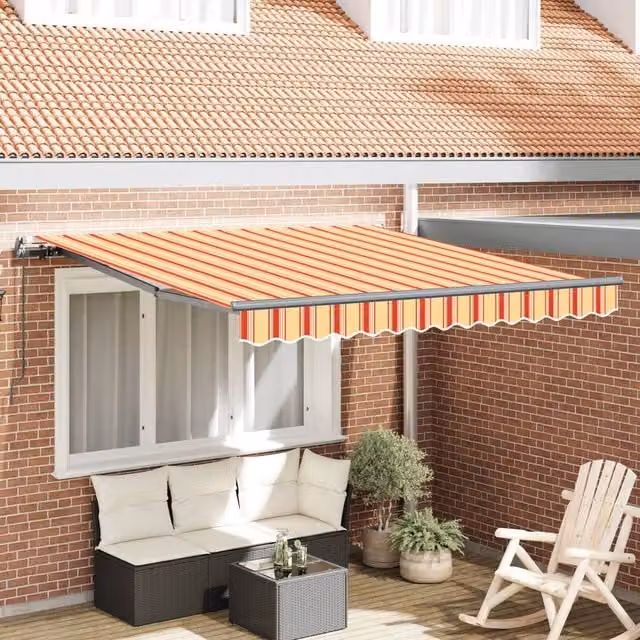 Berkfield Home Manual Retractable Folding Arm Awning in Yellow and Orange, W: 300 cm, D: 250 cm – 1