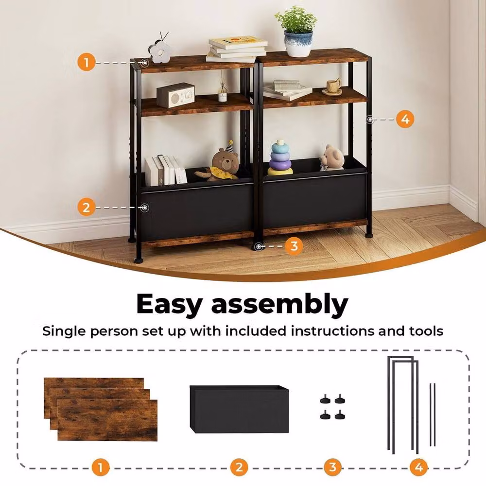 Kelvenix 3 Tier Wooden Oxford Side End Table with Storage Baskets in Brown, W/D/H: 100 x 100 x 66 cm – 3