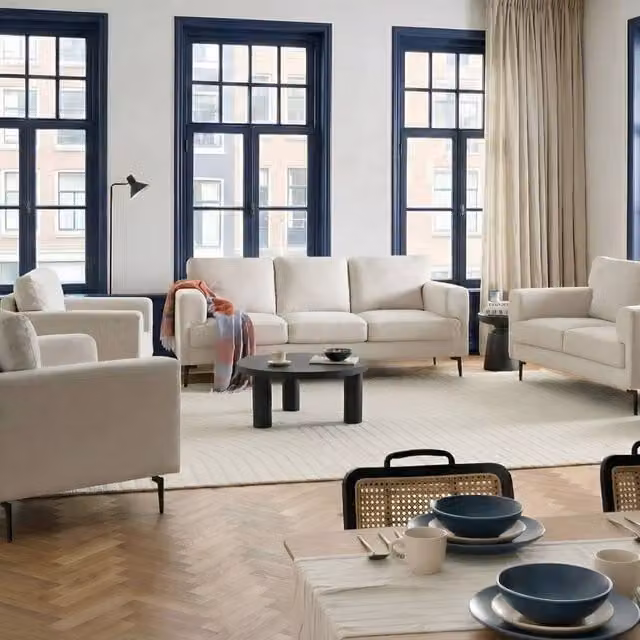 Wyld and Coco Modern Beige Fabric Living Room Set with 3-Seater Sofa, 2-Seater Sofa, and 2 Armchairs