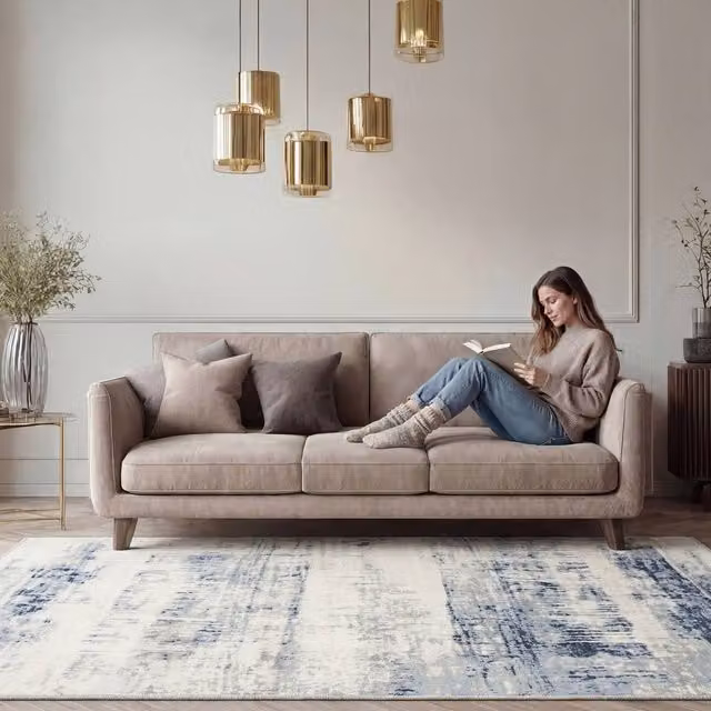 Kukoon Abstract Modern Distressed Area Rug and Hallway Runner in Blue and Beige, W: 80 cm, L: 300 cm – 1