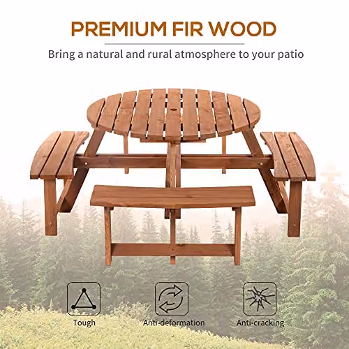 Outsunny 8 Seater Round Wooden Garden Dining Set with Bench and Parasol Hole, Brown – 4