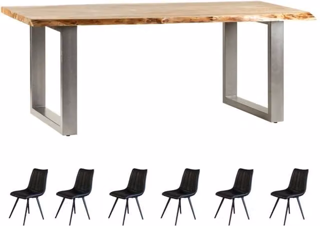 IH Design Modern Live Edge Acacia Wood Dining Table Set with 6 Chairs in Brown