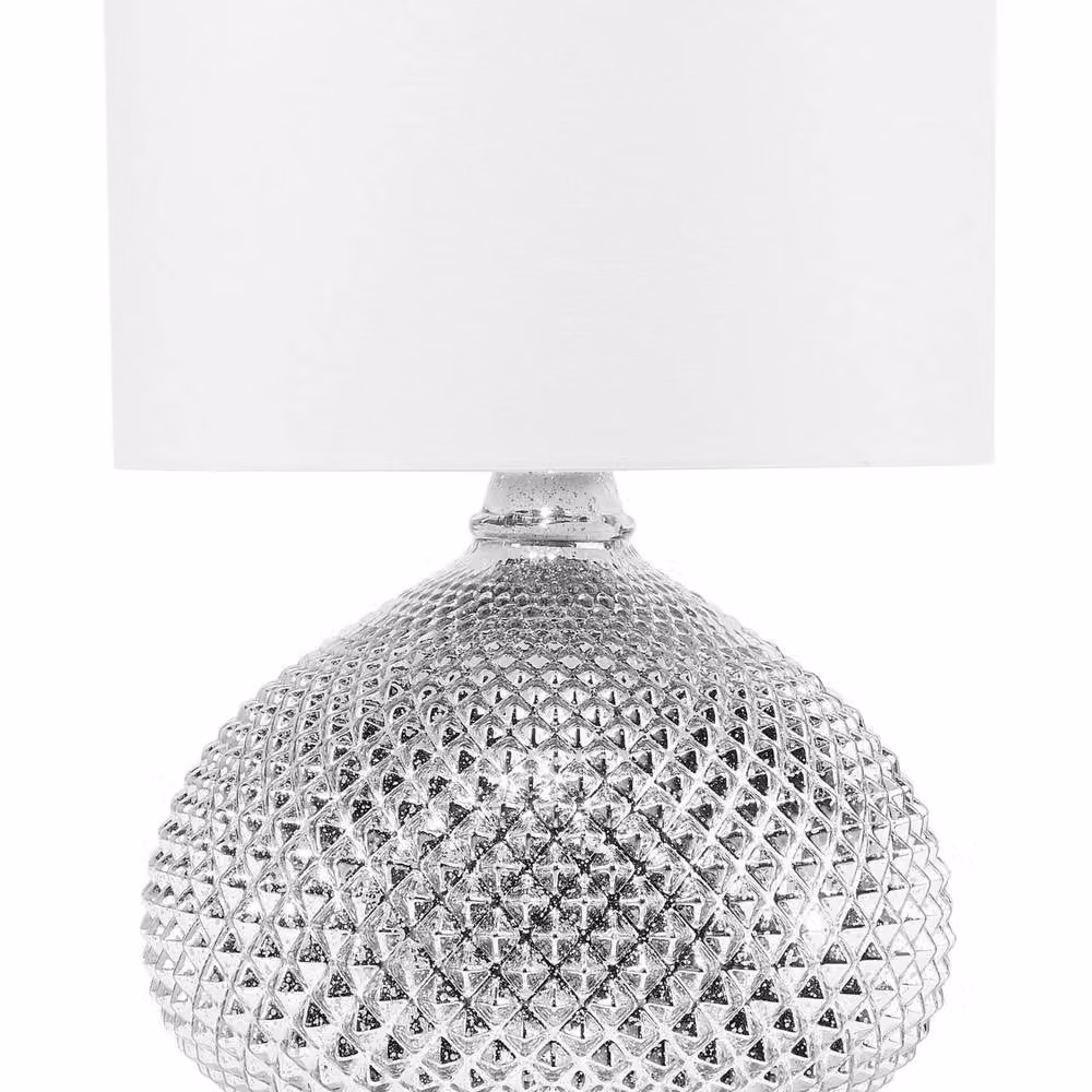 Wyld and Coco Glam Oval Glass Table Lamp with Silver Studded Base and Beige Fabric Shade, Height: 55 cm – 2