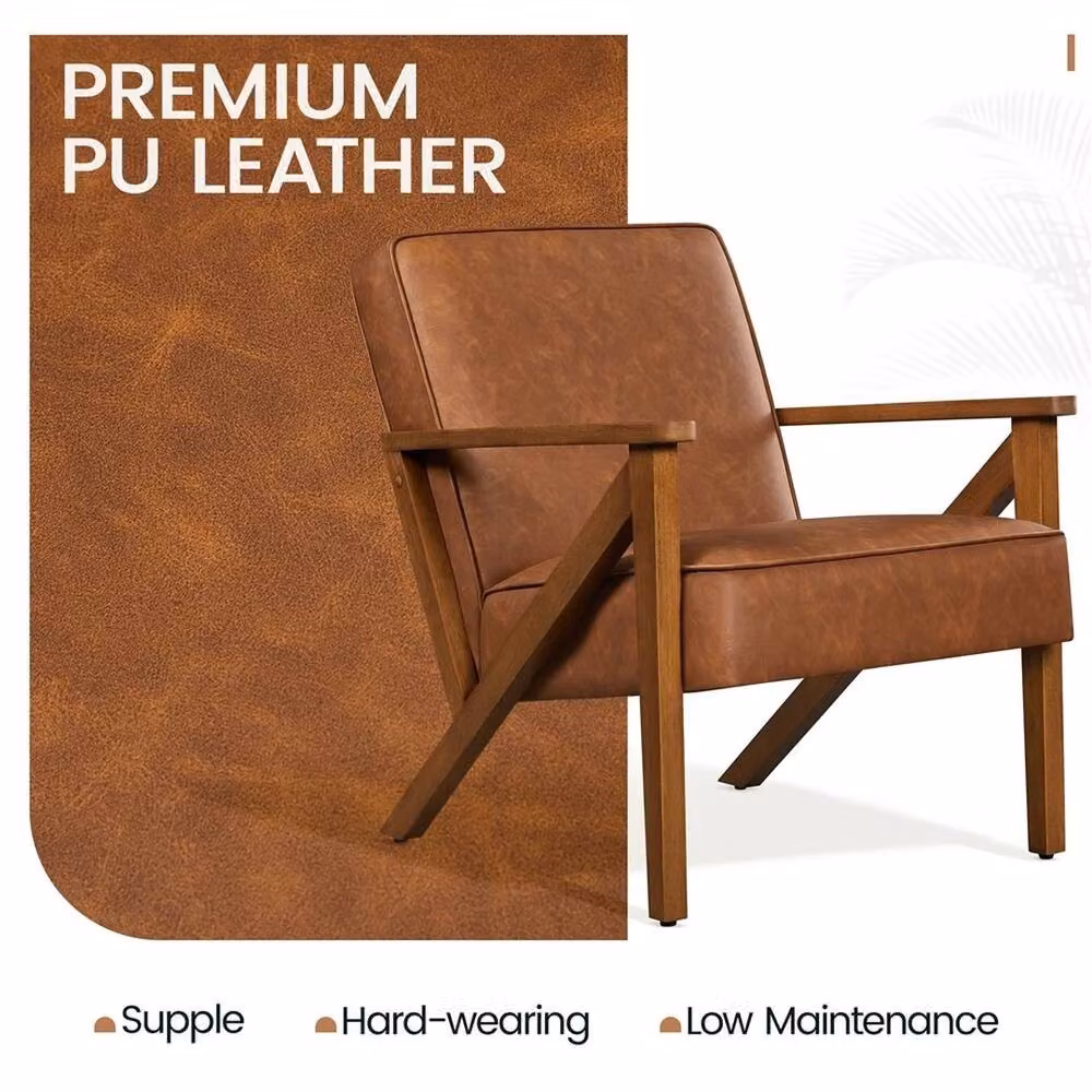 Kelvenix Mid-Century Modern Faux Leather Armchair in Brown with Solid Rubberwood Frame – 4