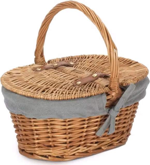 Childs Red Hamper Oval Picnic Basket with Grey Sage Lining in Light Steamed Wood and Grey