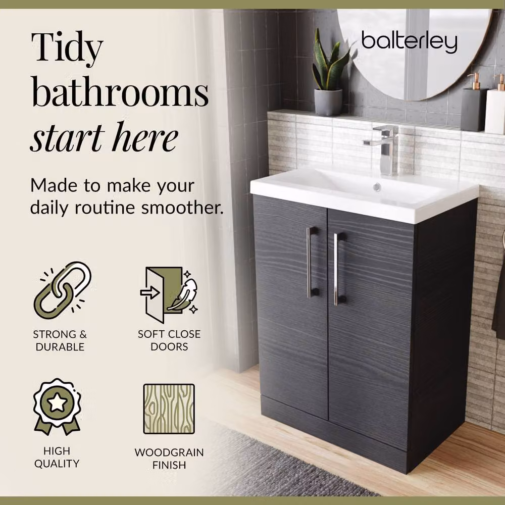 Balterley Contemporary Floor Standing Bathroom Vanity Unit with Mid-Edge Ceramic Basin, Charcoal Black, W: 61 cm, D: 39 cm, H: 84 cm – 5
