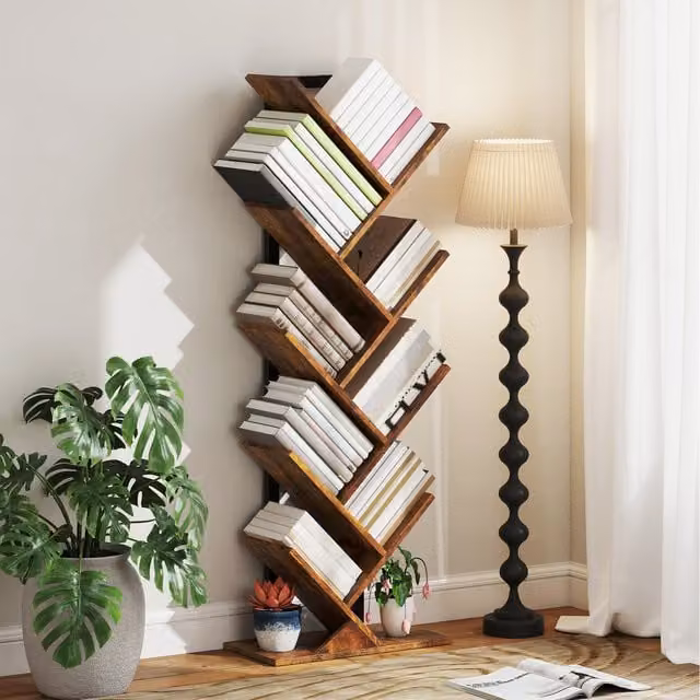 HOMCOM 5-Tier Brown Ladder Tree Bookshelf with Media Compartments