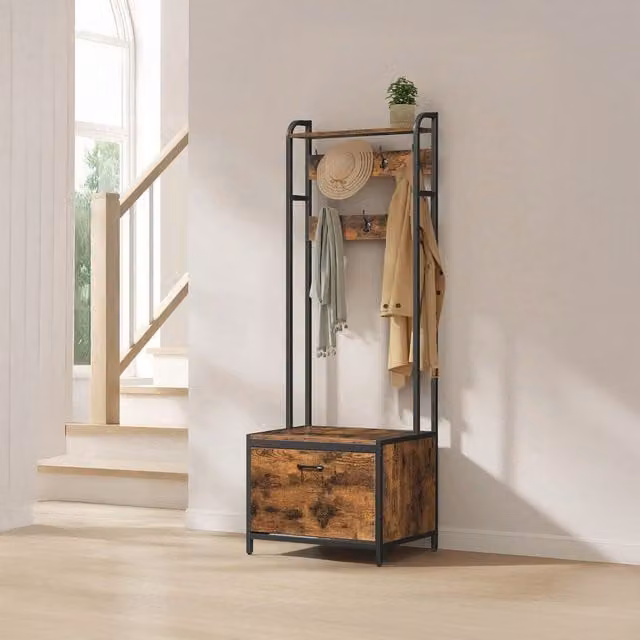 VASAGLE Industrial Hall Tree with Shoe Storage and Bench in Brown and Black, W/D/H: 100 x 40 x 170 cm