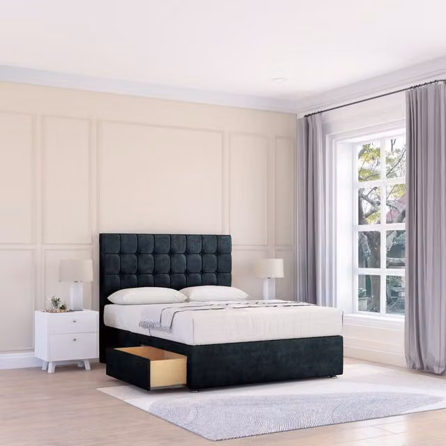 Sloomy Alabama Divan Bed Base with 2 Drawers and 26 inch Struts Headboard in Black Velvet, W/D/H: 100 x 200 cm