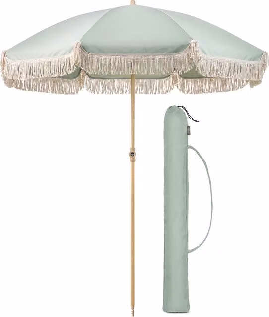 Christow Portable Cotton Tassel Parasol in Green with Steel Central Pole