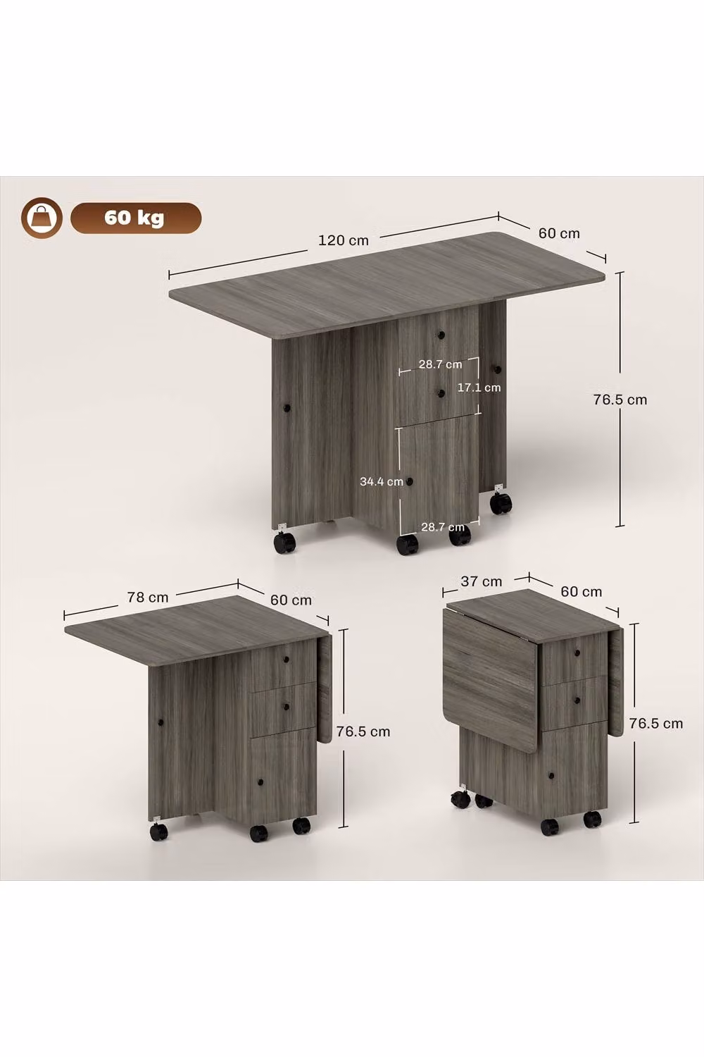 ERGOVEXA Grey Multi-Storage Six-Person Drop Leaf Dining Table with Butterfly Leaf and Castors, W/D/H: 120 x 76.5 x 75 cm – 2