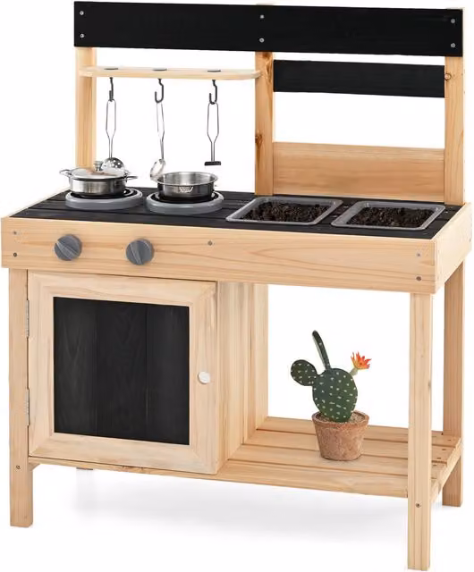 Costway Wooden Outdoor Kids Pretend Play Kitchen in Brown and Multicolour