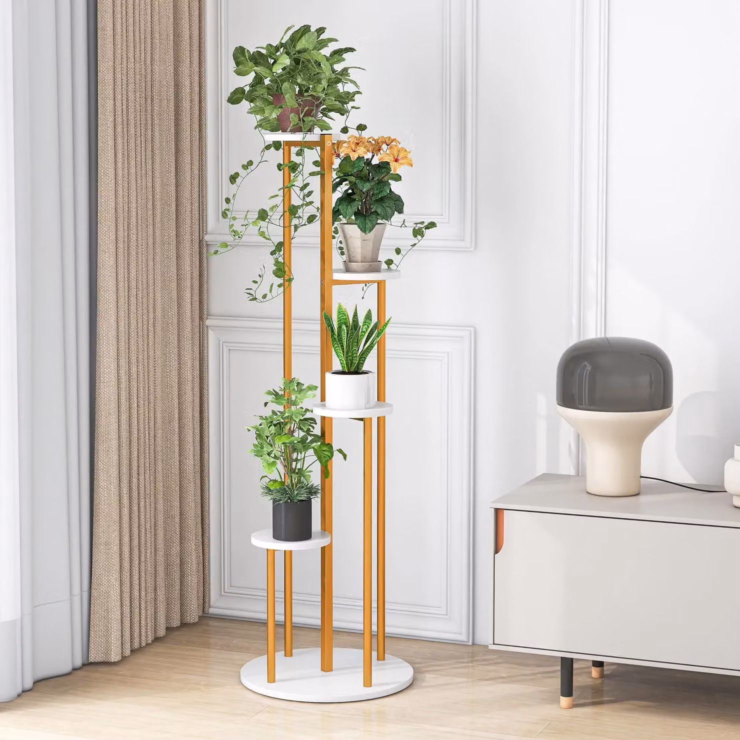 Gymax Multi-tier Metal and Wood Plant Stand, White, W/D/H: 40 x 40 x 125 cm – 2