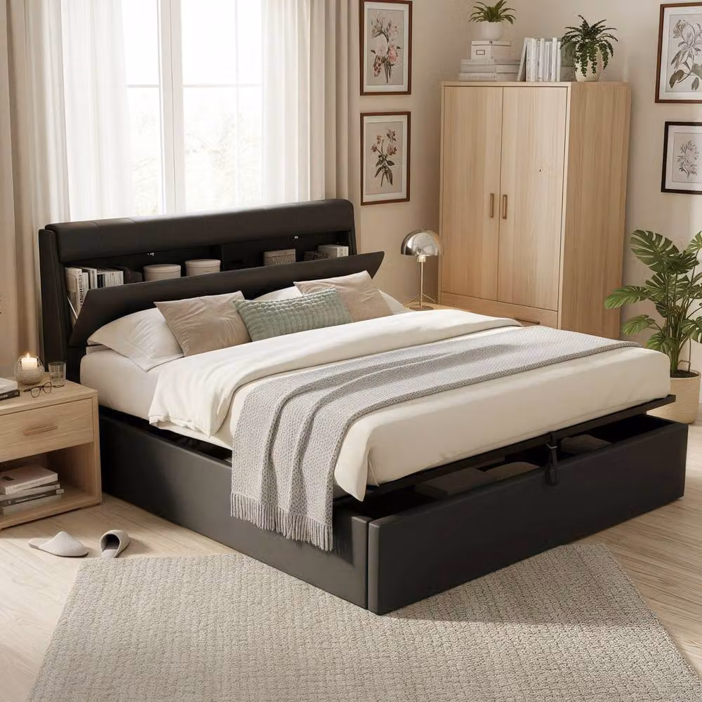 Merax King Size Upholstered Ottoman Storage Bed with Headboard in Black, W/D/H: 150 x 200 x 105 cm – 2