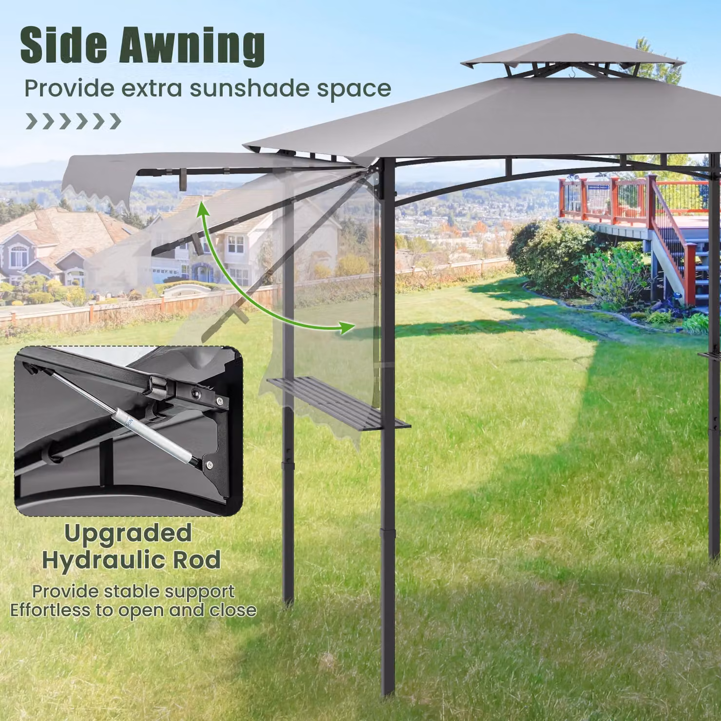 Gymax Grill Gazebo Barbecue Canopy Tent with Side Awning and Shelves, Light Grey, W: 318 cm, D: 153 cm, H: 250 cm – 4