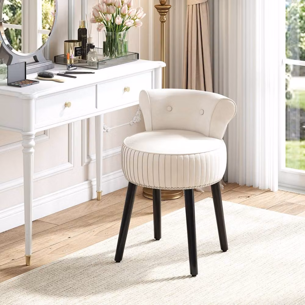 Costway White Velvet Tufted Back Upholstered Vanity Makeup Stool – 3