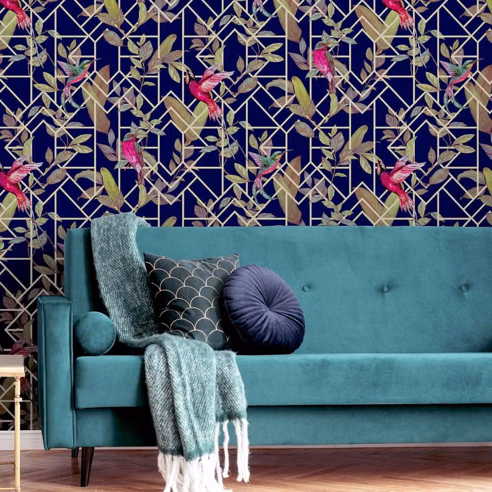 Arthouse Art Deco Botanical Floral Wallpaper in Blue and Gold, Width: 53 cm – 4