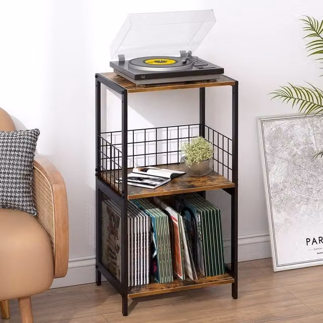 Huhote 3 Tier Brown Vinyl Turntable Stand and Record Player Storage Cabinet – 1
