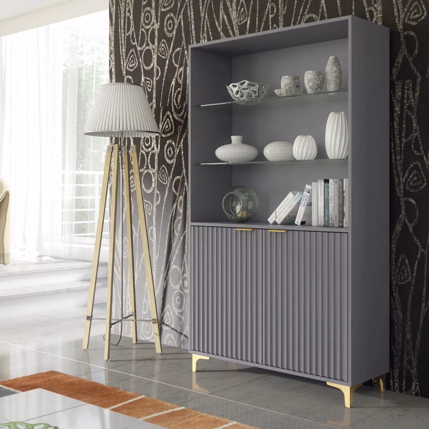Creative Furniture Tide Crest Modern Fluted Display Cabinet in Dark Grey, Height: 175 cm – 3