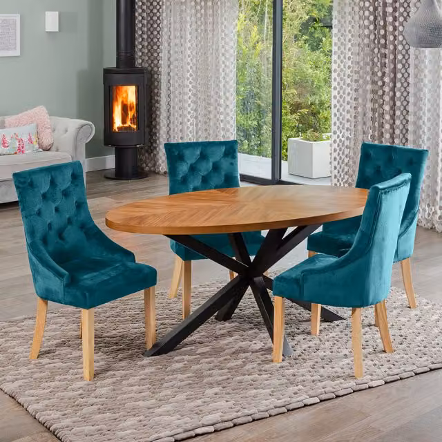 Artemis Home Dossena Oval Dining Table Set with 4 Ravenna Velvet Chairs in Petrol