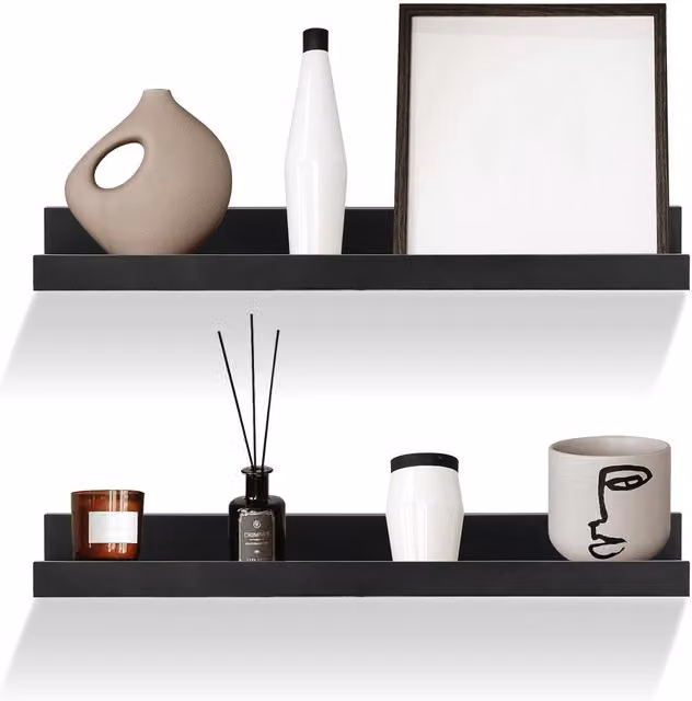 GEEZY Set of 2 Matt Black Floating Wall Shelves and Picture Ledges