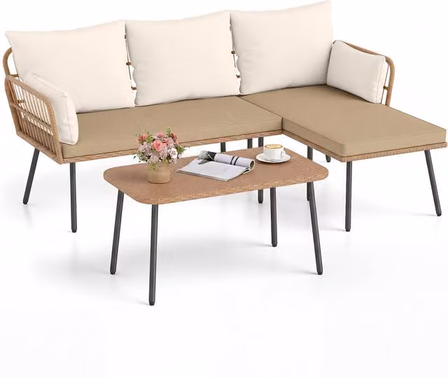 COSTWAY 3 Piece Brown and Beige Rattan Outdoor Sectional Sofa Set with Metal Frame