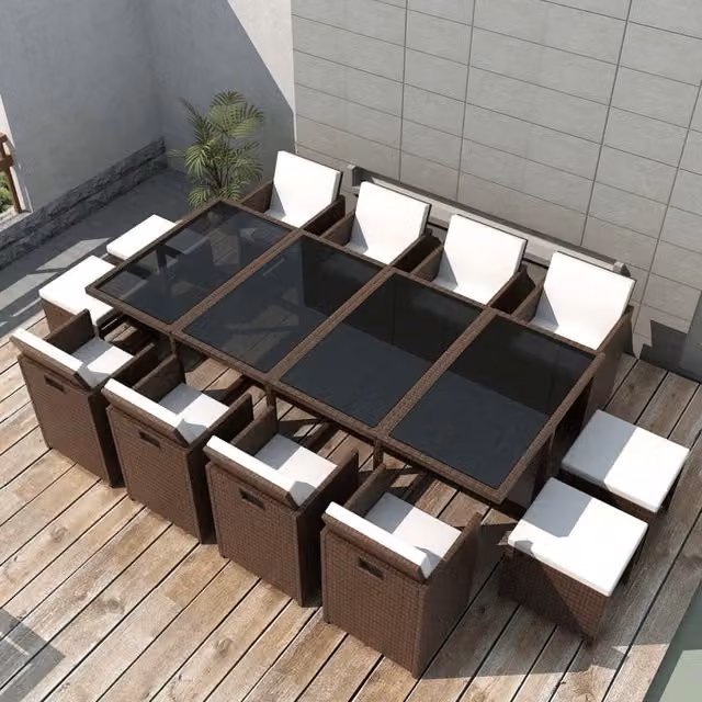 Berkfield Home 13 Piece Brown Poly Rattan Outdoor Dining Set with Cushions – 1