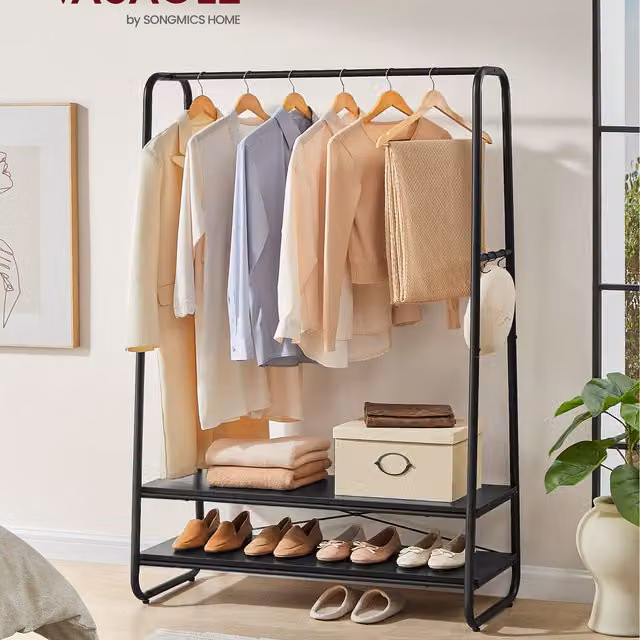 VASAGLE Multifunctional Industrial Clothes Rack with Shelves and Hooks in Black