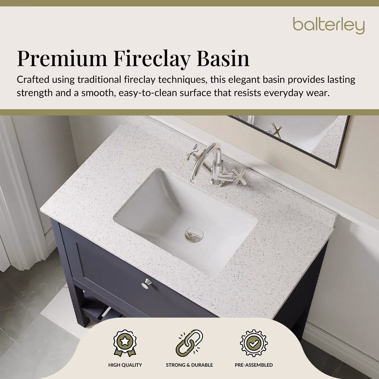 Balterley Blue Freestanding Bathroom Floor Vanity Unit with Marble Top and 1 Drawer, Width: 80 cm – 3