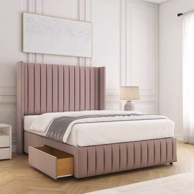 BSSPOKE Luna Velvet Divan Bed with 54 inch Headboard and 2 Drawers in Pink, W/D/H: 140 x 200 cm