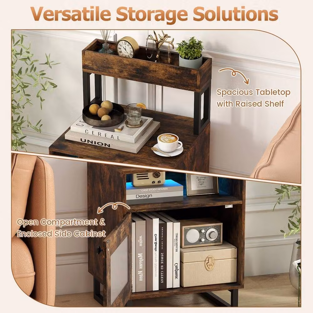 FORGEVIO Modern End Table with Integrated Lighting and Storage Cabinet in Brown – 4