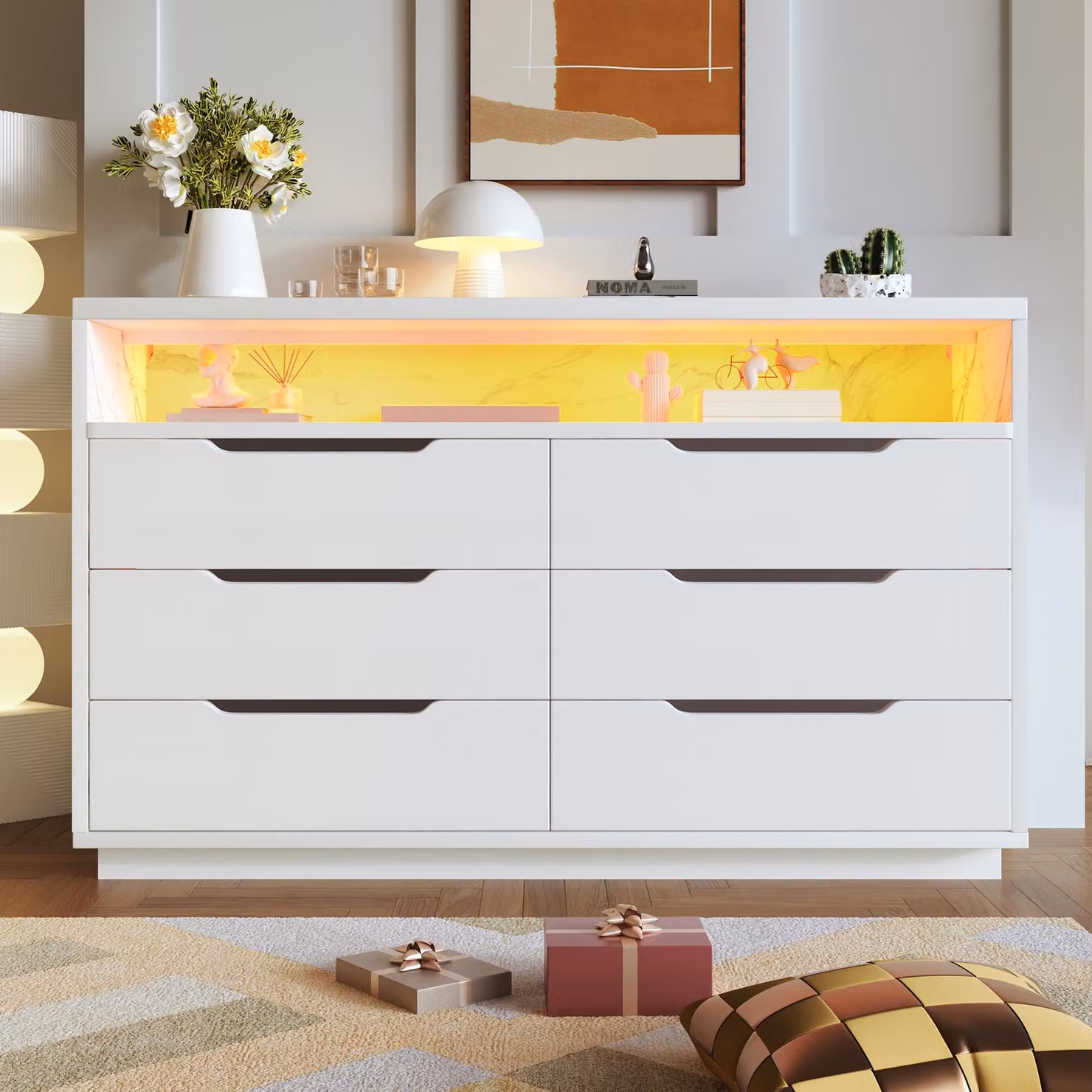 Aosom Modern Marbled Sideboard with 6 Storage Drawers and RGB LED Lighting, White, W: 120 cm, D: 40 cm, H: 85 cm – 4