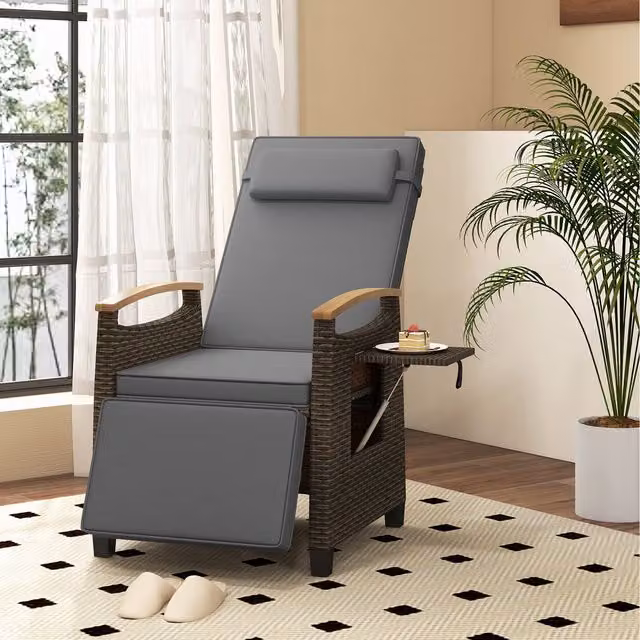 Costway Modern Grey Rattan Lounge Chair with Acacia Wood Frame