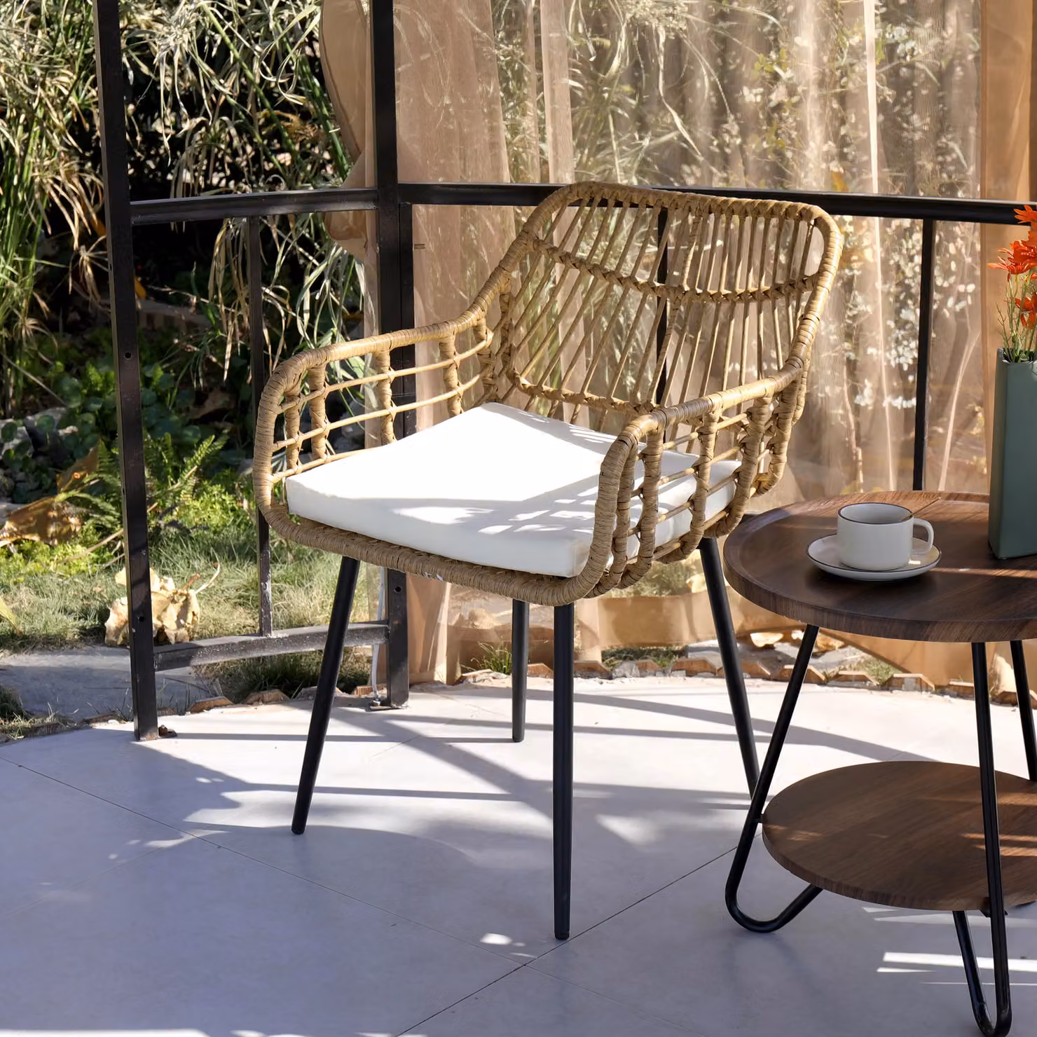 Nordlys Set of 2 Modern Polyrattan Dining Chairs with Armrests and Cushions in Brown and Black – 5