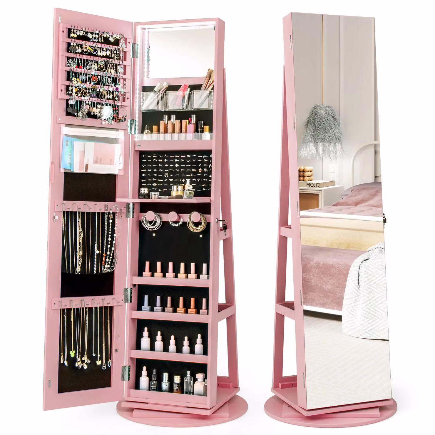 Costway 360 Rotating Standing Jewelry and Makeup Armoire with LED Lighting and Lock in Pink – 3
