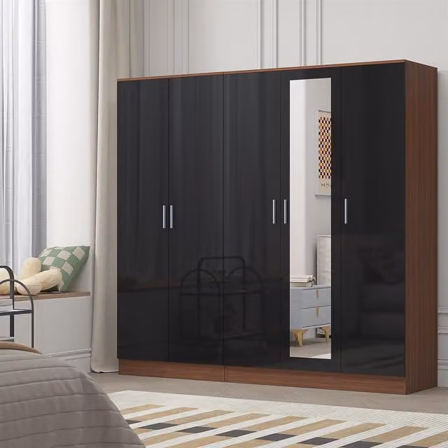 REFLECT Gloss Wardrobe Bundle with 3-Door Mirror and 2-Door Plain Design in Black Gloss and Matt Walnut