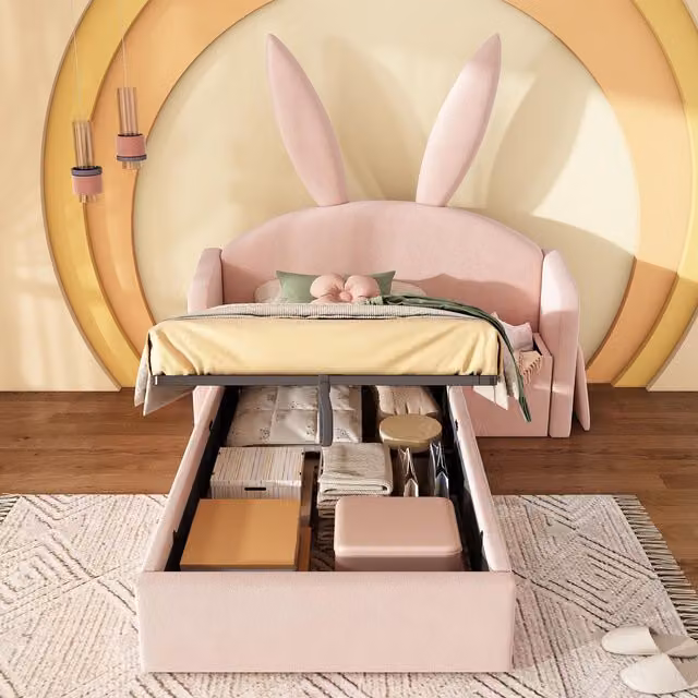 Aosom UK Bunny Ears Childrens Upholstered Bed Frame with Hydraulic Storage and Padded Headboard, Pink, W/D/H: 149 x 206 x 143 cm – 1