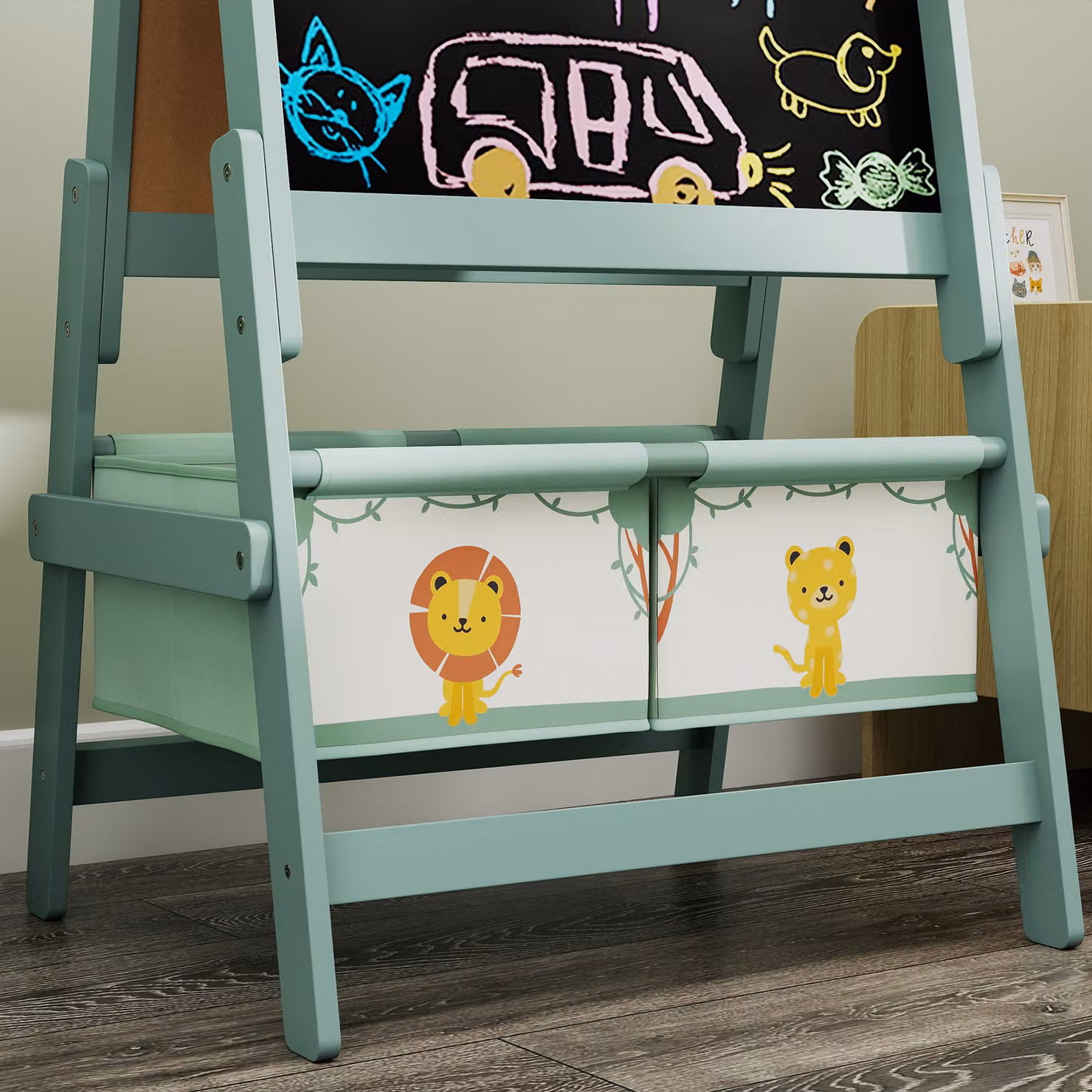 AIYAPLAY Green Art Easel for Kids with Double-Sided Whiteboard and Blackboard, Paper Roll and Two Storage Boxes – 3