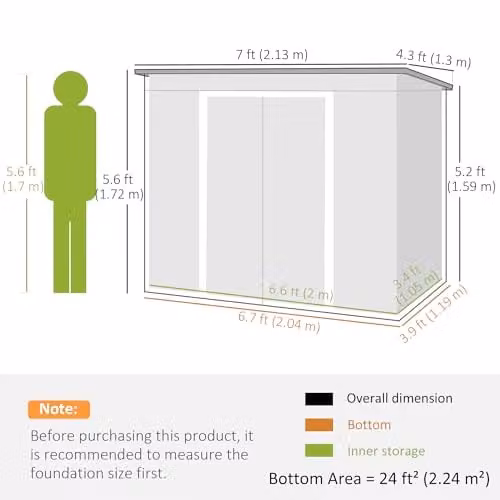 Outsunny Metal Lean-to Garden Storage Shed with Double Door and Foundation Kit, Grey, W/D/H: 213.4 x 121.9 x 173 cm – 6