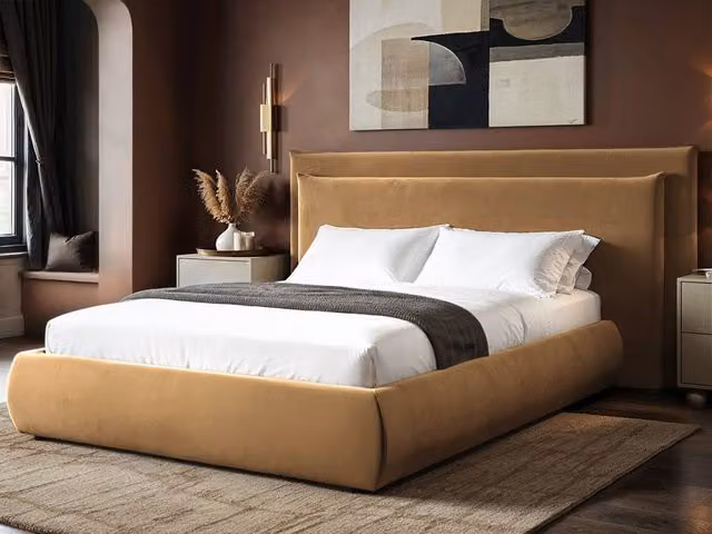 Solace+Co Sigrid Double Ottoman Bed with Sand Velvet Upholstered Headboard and Lift Up Base, W/D/H: 140 x 200 cm – 1